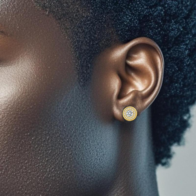 Delzzad Round VVS Synthetic Moissanite Hip Hop Iced Out Halo Stud Earrings Synthetic Moissanite Jewelry Perfect Birthday Anniversary Gift for Women Accessories Men Studearrings