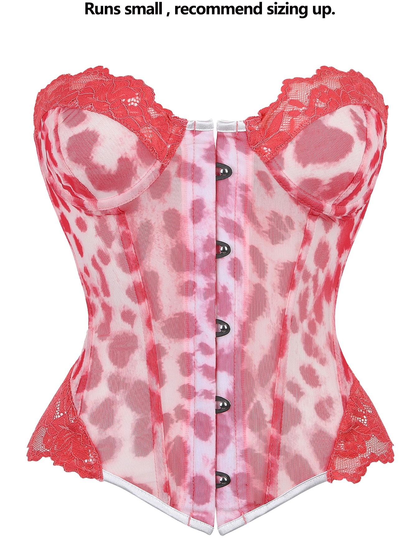 Y2K Leopard Print Lace Trim Corset Top Front Buckle Boned Waist Trainer Sheer Mesh Slimming Bustier For Women Club Party Date Night Outfit