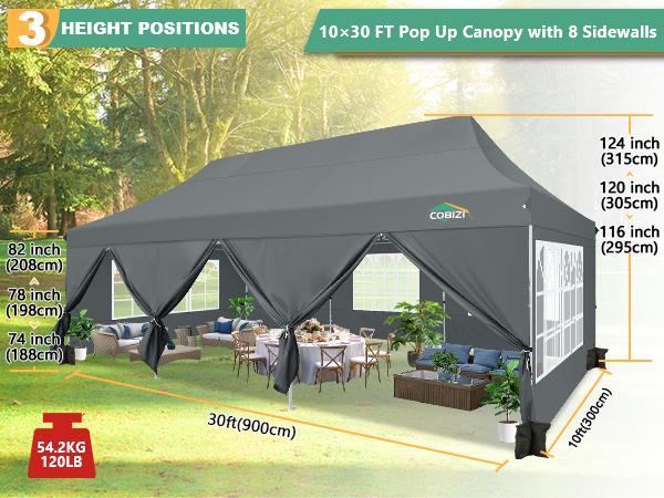 COBIZI 10x30 Pop Up Canopy Tent with 8 Removable Sidewalls Ez Pop Up Party Tent, Waterproof Instant Shelter UPF50+