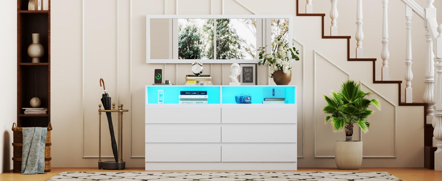 Modren Drawer Dresser with Full Length Mirror 48"x16" ,6 Drawer Dresser with LED Light, Wide Chests of Drawers with Power Outlet,White Storage Dressers for Bedroom, Living Room, Hallway(White) bedroom dresser
