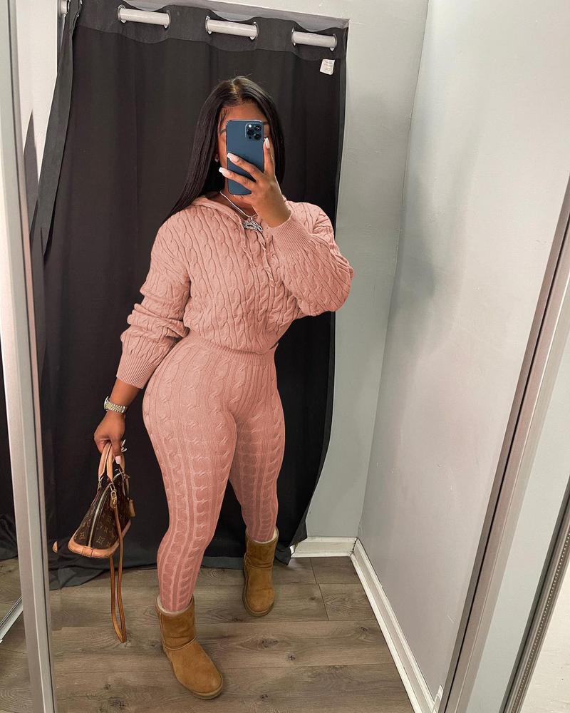 USBoutique Chic Two-piece Set Women's Solid Drop Shoulder Cable Knit Crop Sweater & High Waist Pants. Casual Fashion Cozy Plush Outfits for Daily Outdoor Wear, Women Clothes for Fall & Winter, Fall Outfits. Green Hoodie Girl, Drop Shoulder Sweater