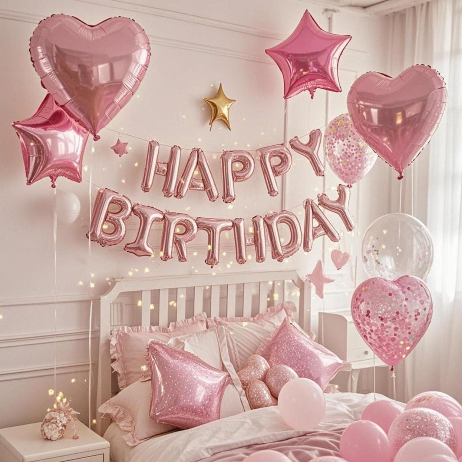 29 Pcs Pink Birthday Decorations, 3D Foil Pink Happy Birthday Balloon Banner, Pentagram Heart Foil Balloons Confetti Balloons Kit For Boys Girls Birthday Party Supplies