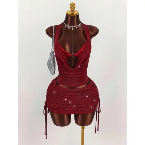 3 Piece Party Outfits Sparkle Draped Halter Top Ruched Tie Side Mini Skirt Going Out Sets