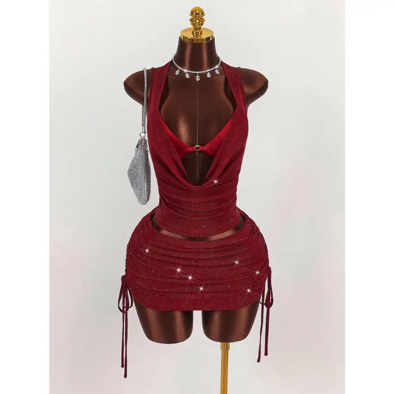 3 Piece Party Outfits Sparkle Draped Halter Top Ruched Tie Side Mini Skirt Going Out Sets