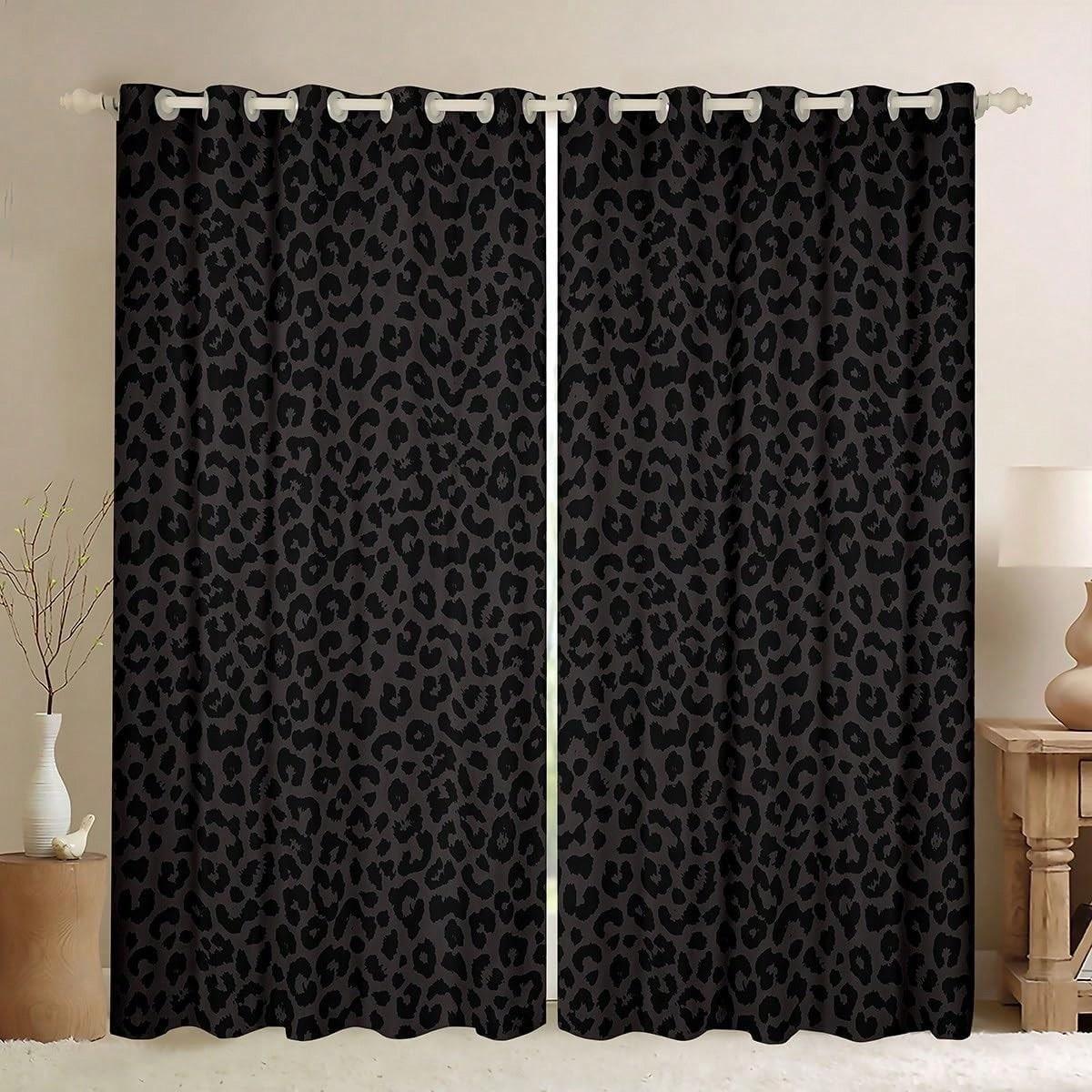 2 pieces of stylish black leopard print curtains with punched holes, made of semi-transparent polyester fabric, suitable for window decoration in home living rooms, bedrooms, balconies, kitchens, studies, and bathrooms, easy to clean.