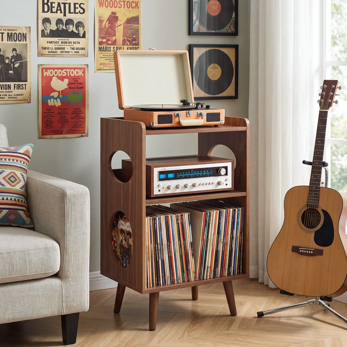 Record Player Turntable Stand with Vinyl Record Storage, Built-in Charging Station & USB Ports, Album Cover Display Cabinet Holds Up to 160 Vinyl Albums, Walnut MDF Stand for Living Room