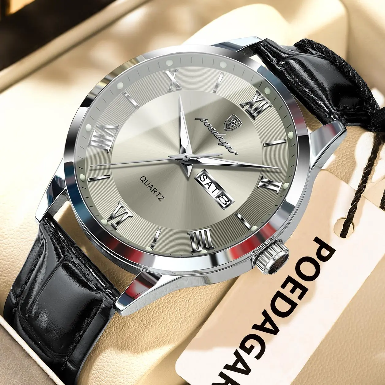 POEDAGAR Men's Classic Style Leather Analog Dial Quartz Wristwatch - Luminous Dial, Glow-in-the-Dark, Waterproof, Date Display for Business & Casual Wear to Plan Easier, Luminous Dial Watch