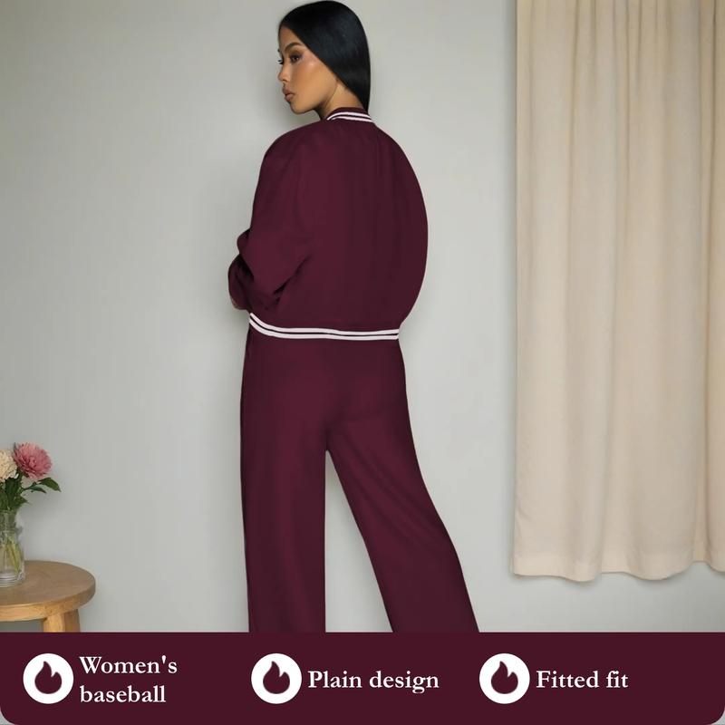 Women's Solid Color 2-Piece Athletic, Baseball Jacket & Pocket Pants, for Outdoor Camping Sportswear, Athleisure Wear Set