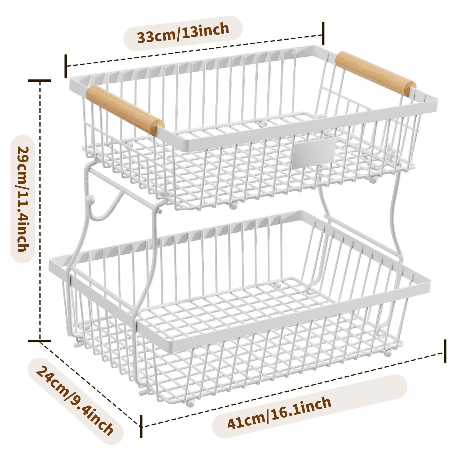 Double Layer Large Fruit Basket, Kitchen Countertop Organizer, Includes Two Removable Banana Hooks, Durable Storage Solution