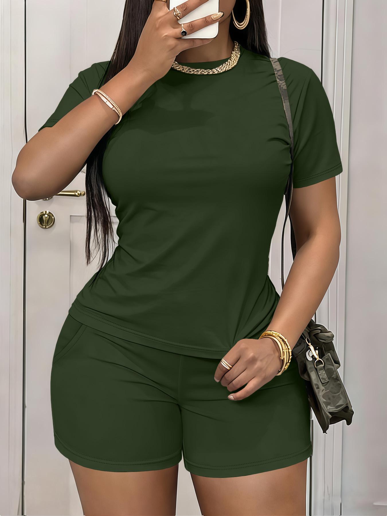 Plain two-piece set, plain typical Western hot girl style casual two-piece set, typical Western hot girl style casual two-piece set, plus size loose's clothing, crew neck T-shirt short sleeve   shorts set, comfortable casual fashionable elegant