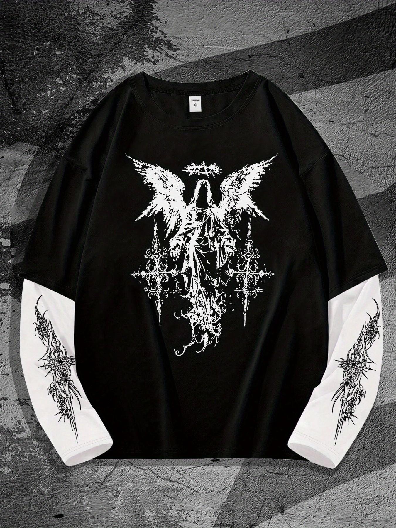 Unisex Gothic Long Sleeve T-Shirt, Fallen Angel Print, Loose Fit, Streetwear Style, Spring & Fall Fashion, Couples' Clothing