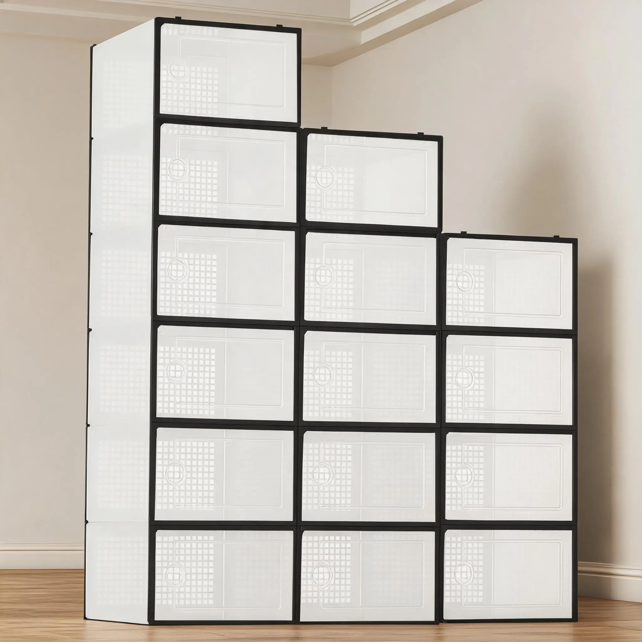 15PCS Stackable Clear Shoe Storage Boxes, Collapsible Sneaker Organizer & Dustproof Closet Display Case with Lids for Sneakers, Black