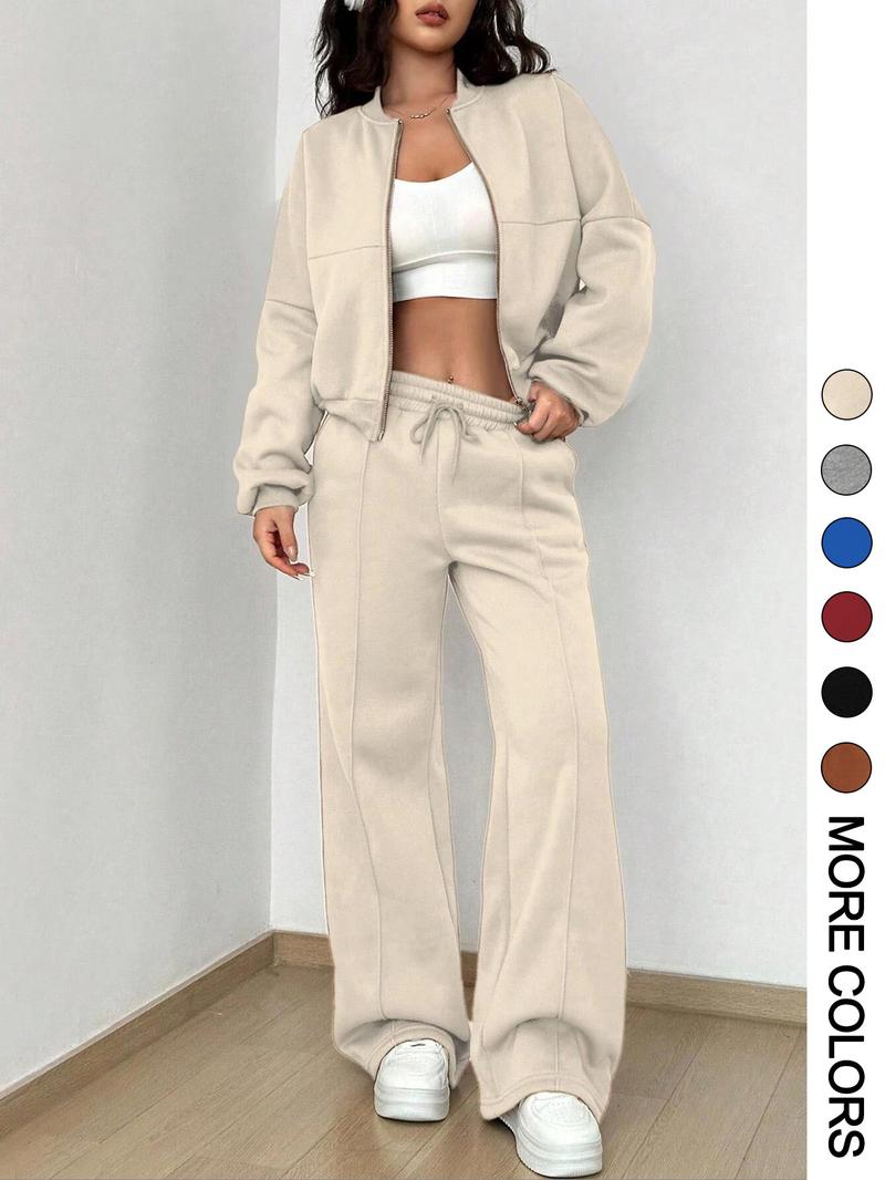 Women's Solid Zip Up Crop Jacket & Drawstring Waist Pants Two-piece Set, Casual Fashion Drop Shoulder Long Sleeve Top & High Waist Trousers for Daily Outdoor Wear, Women's Clothing for Spring & Fall