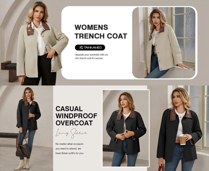 Tankaneo Womens Trench Coat Oversized Fall Barn Jacket Leather Collar Plaid Color Block Windproof Overcoat