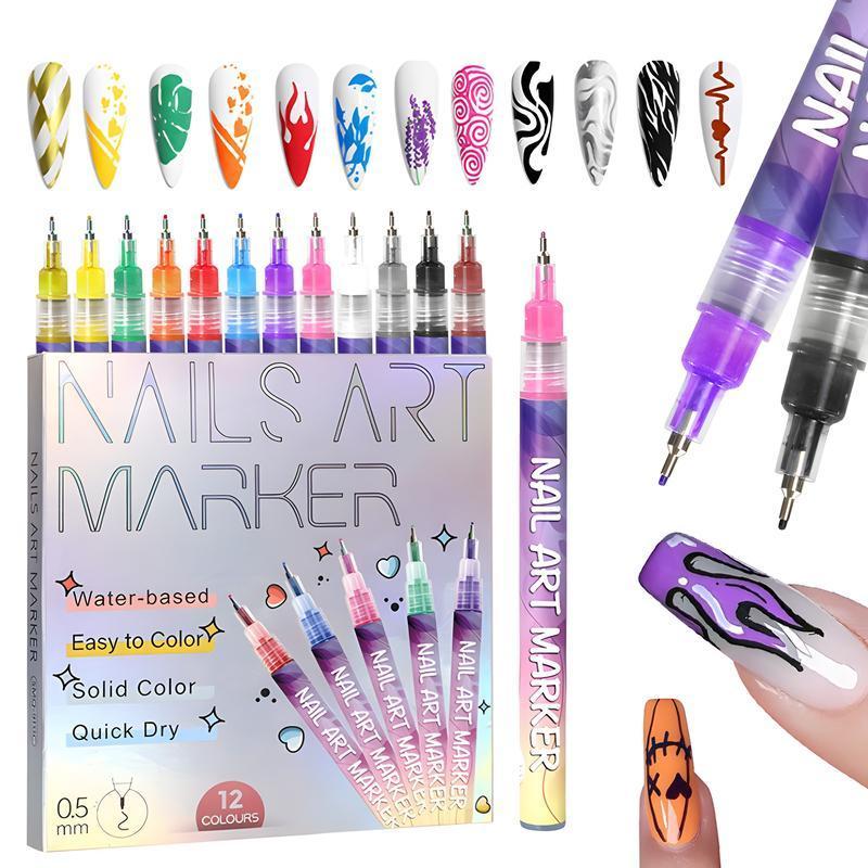 1 Box 12 Color Nail Polish Pens, 3D Manicure Pen Set, Nail Dot Painting Brush, DIY Nail Art Marking Drawing Pen, Nail Design Pen