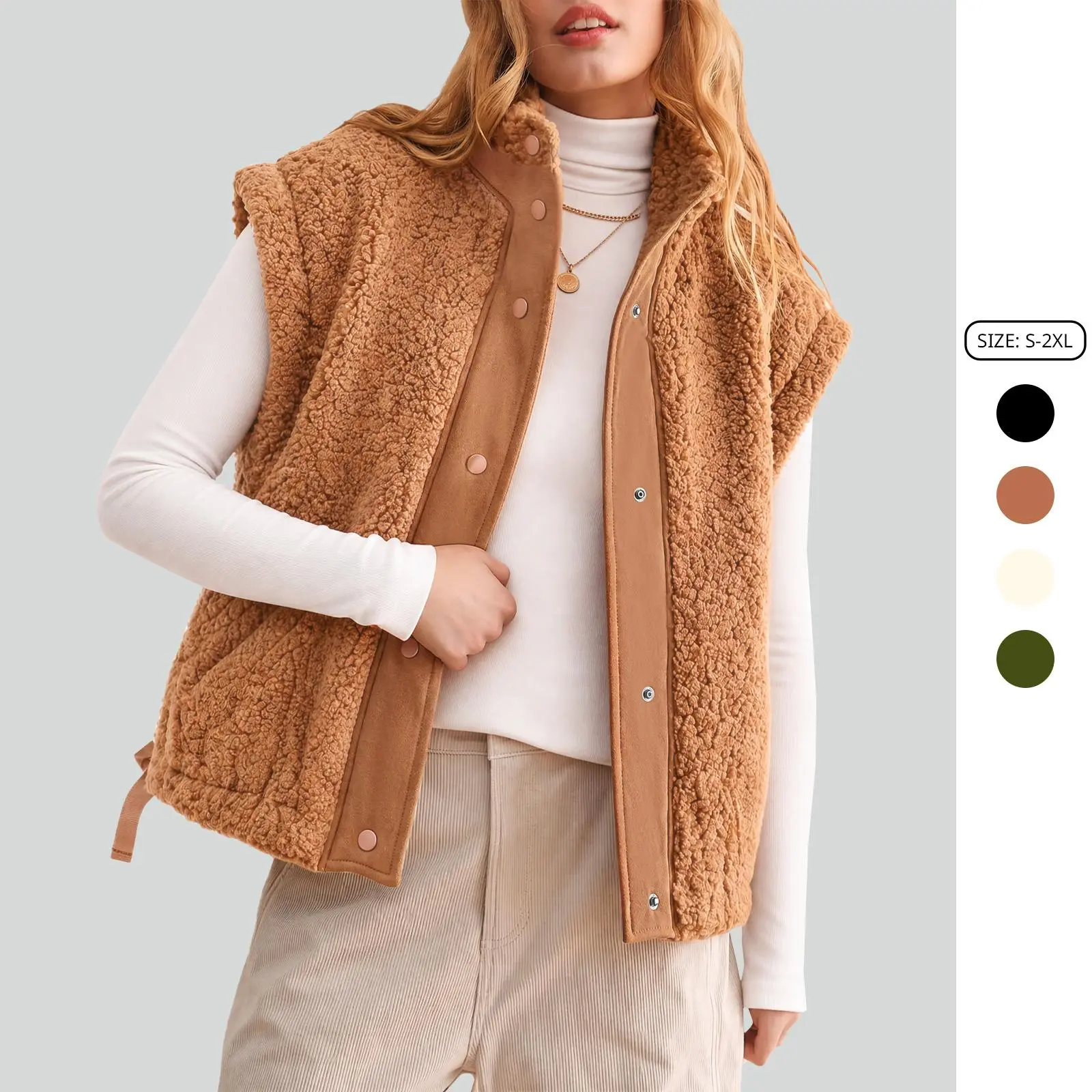 Imily Bela Chic Sherpa Fleece Vest Side Drawstring Button Up Sleeveless Coat Casual Autumn Winter Outwear
