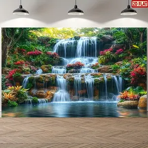 2D Flat Lush Spring Waterfall Scene Backdrop - Vibrant Greenery & Floral Polyester Party Banner, Easy to Hang, No Electricity Required - Perfect for Photo Shoots, Live Streaming & Event Decor, Wall Hanging Backdrop, Party Decorations Banners