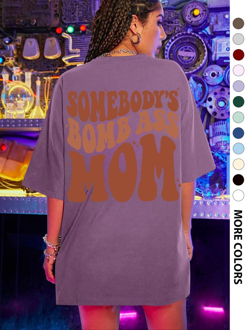 Women's Letter & Cartoon Face Print Drop Shoulder Tee, Casual Half Sleeve Round Neck T-Shirt for Daily Wear, Ladies Clothes for All Seasons