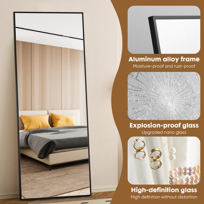 71" Full-Length Mirror with Stand - Freestanding/Wall-Mounted Floor Mirror, Shatterproof Nano Glass & Aluminum Frame, Right Angle/Rounded Corners (Gold/Black)