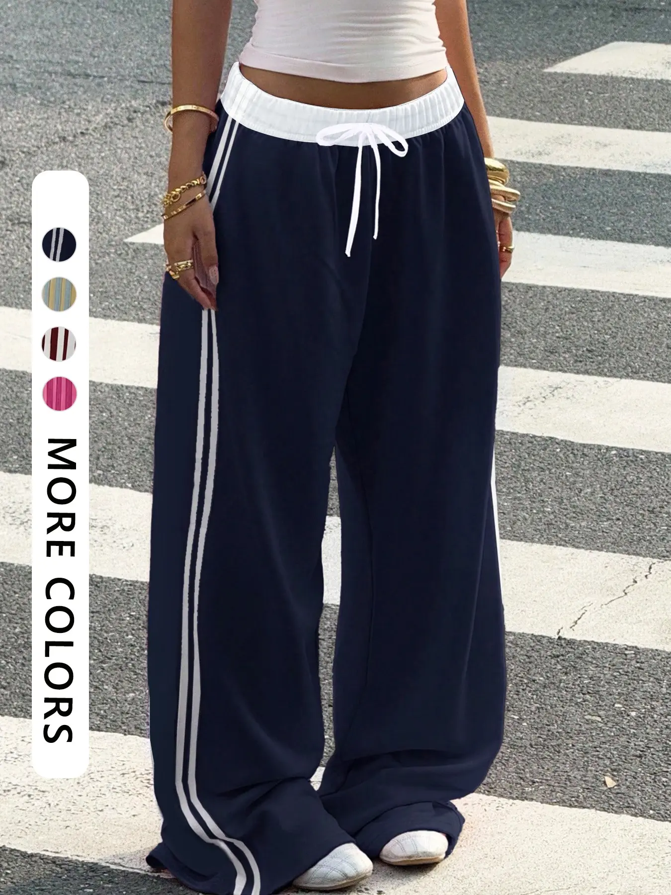Women's Casual Striped Side Seam Knit Sport Pants, Comfortable Drawstring Waist, Long Regular Fit, Fall & Winter Fashion, Athleisure Style Bottoms