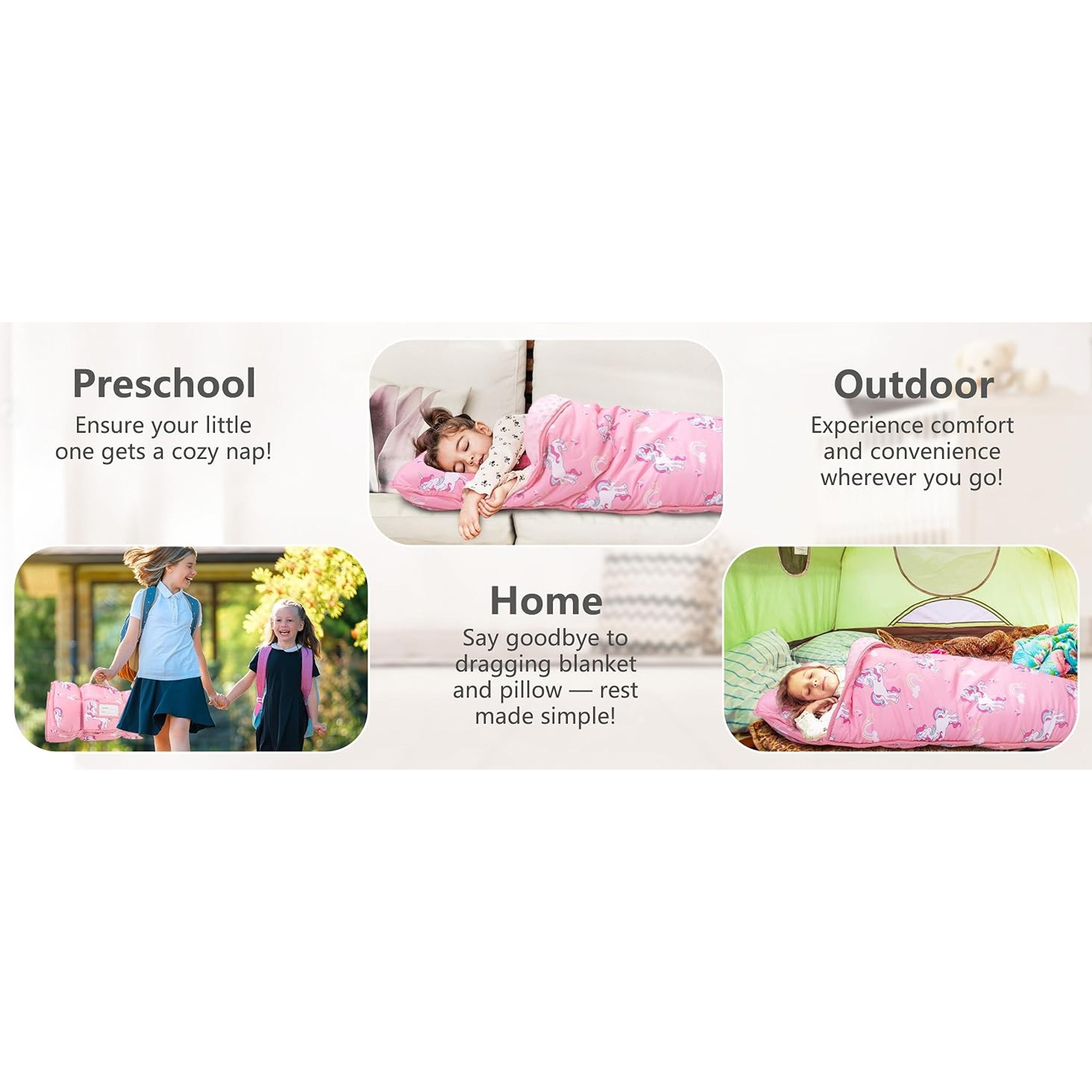 Thickened Toddler Nap Mat with Removable Pillow and Minky Blanket, Extra Large 55''x35'' Sleeping Bag, Washable, Roll up, Perfect for Daycare, Preschool, Kindergarten, Boys and Girls