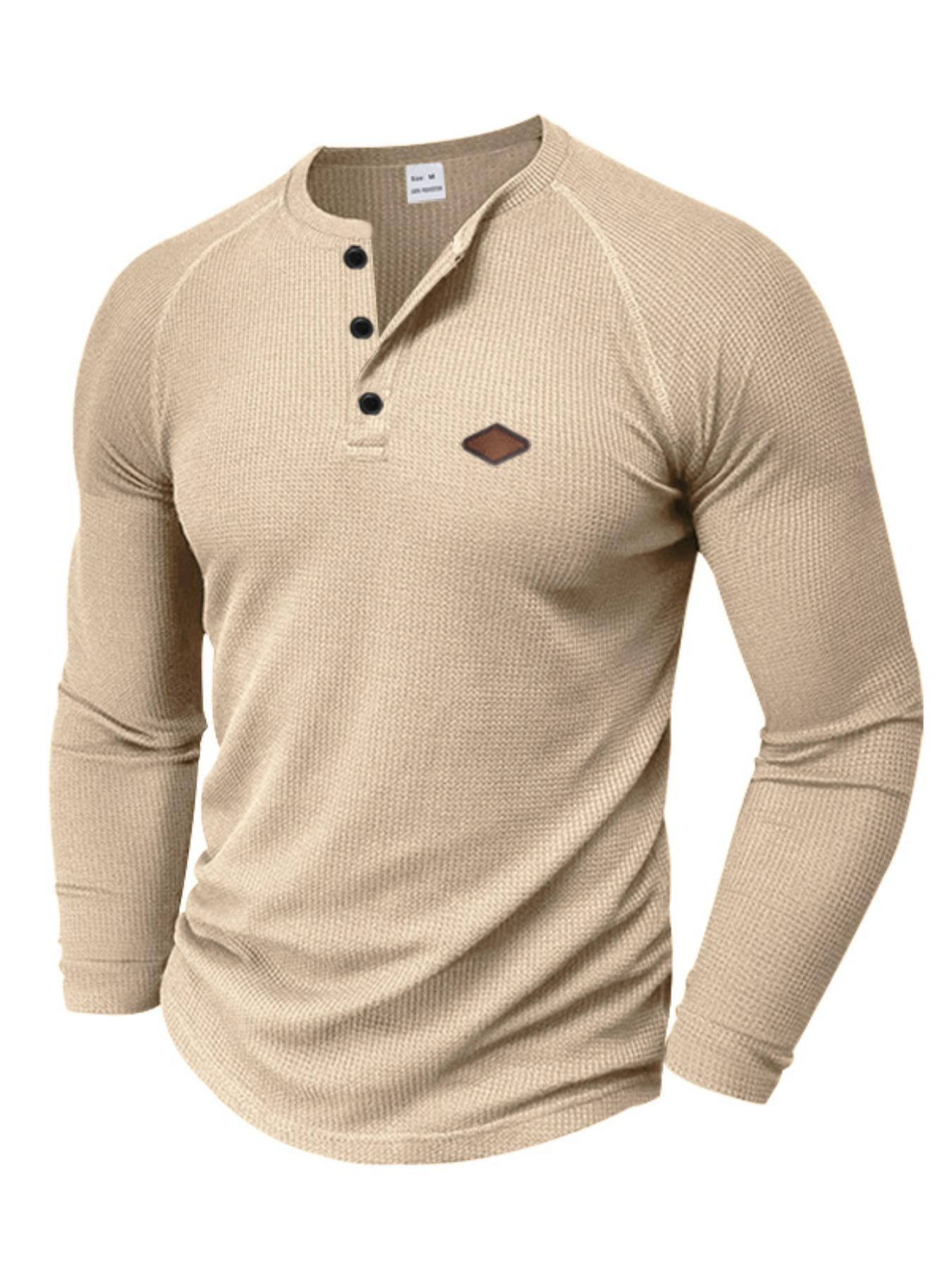 Men's Regular Fit Embroidery Half Placket Button Thumb Hole Design Henley Neck T-shirt, Casual Long Sleeve Tee for Spring & Fall, Fashion Men's Top for Daily Wear