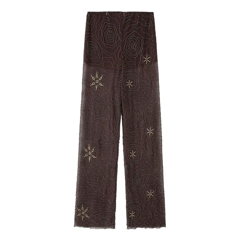 Women's Summer Beaded Sequined Pants Baggy Streetwear Wide Leg Pants Woman Fashion Office Casual Bottoms High Waist Pants Fluid Trousers Bohemian Boho Trousers Boho Festival Trousers