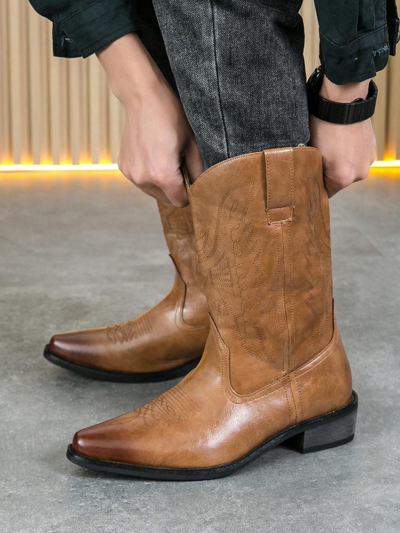 2025 Fall & Winter Mens High-top Vintage Pointed-toe Cowboy Boots - Anti-skid Slip On Shoes with PU Upper and Rubber Sole for Outdoor Horse Riding and Country Style - Comfortable PU Insole and Solid Color Design Footwear Closed 2025 Fall & Winter Mens High-top Vintage Pointed-toe Cowboy Boots - Anti-skid Slip On Shoes with PU Upper and Rubber Sole for Outdoor Horse Riding and Country Style - Comfortable PU Insole and Solid Color Design Footwear Closed