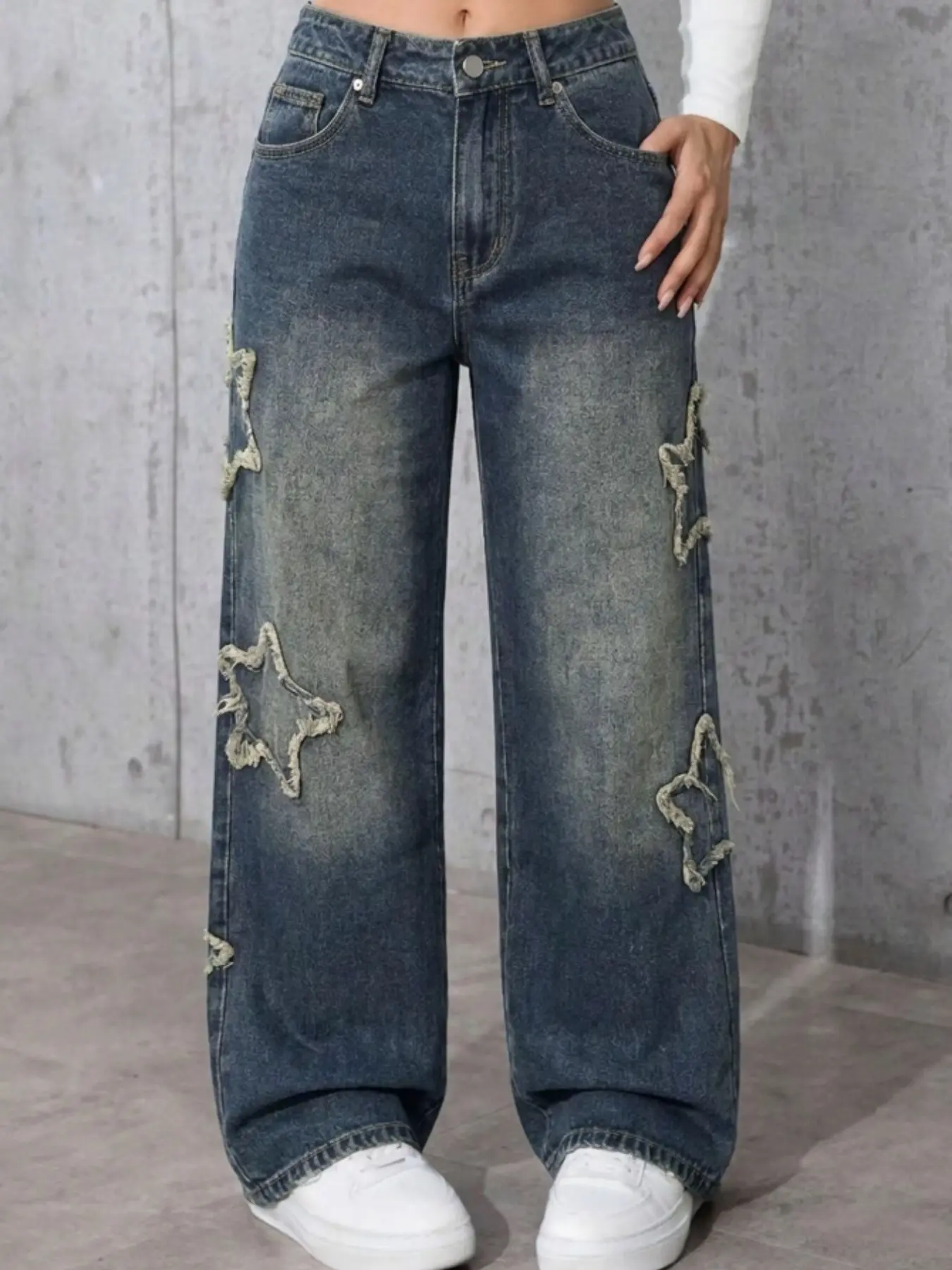 High-Waisted Loose Fit Oversized Jeans for Women, Star Embroidery, Washed Denim Fabric, Ankle Length, Casual Style, All Seasons Wear