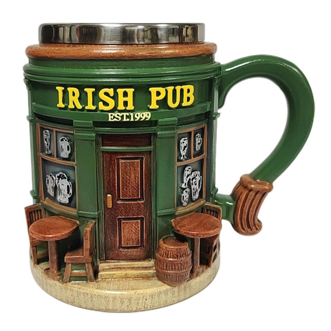 Irish Theme Tree Mug, Stainless Steel & Resin, Clover Pattern, Durable Tea Cup, Ideal for Irish Bar Decor, Moving Gift, St Patrick's Day Present