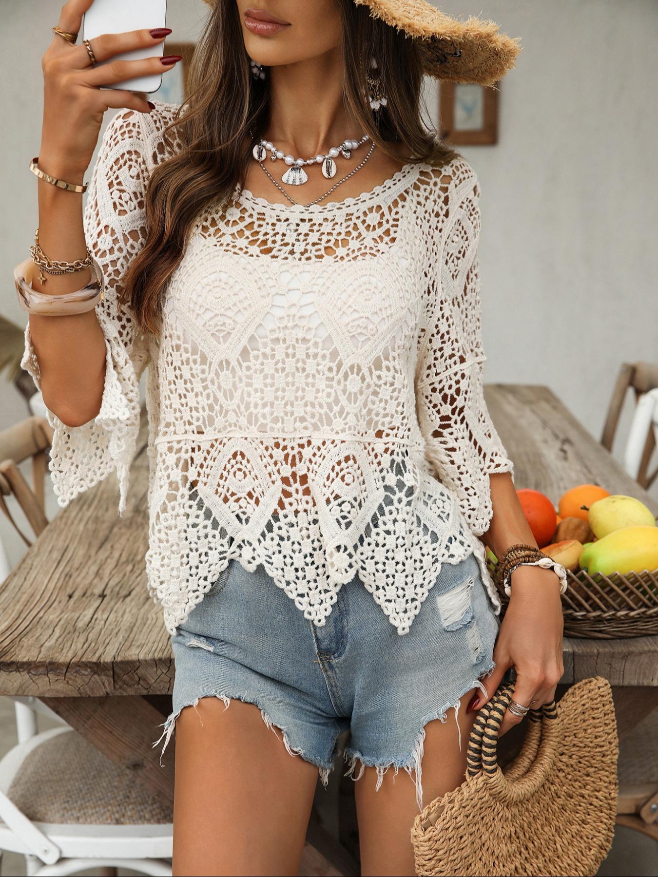 Women's Plain Hollow Out Swimwear Cover Up Top, Casual Scoop Neck Cover Up Top for Beach Vacation, Ladies Clothes for All Seasons