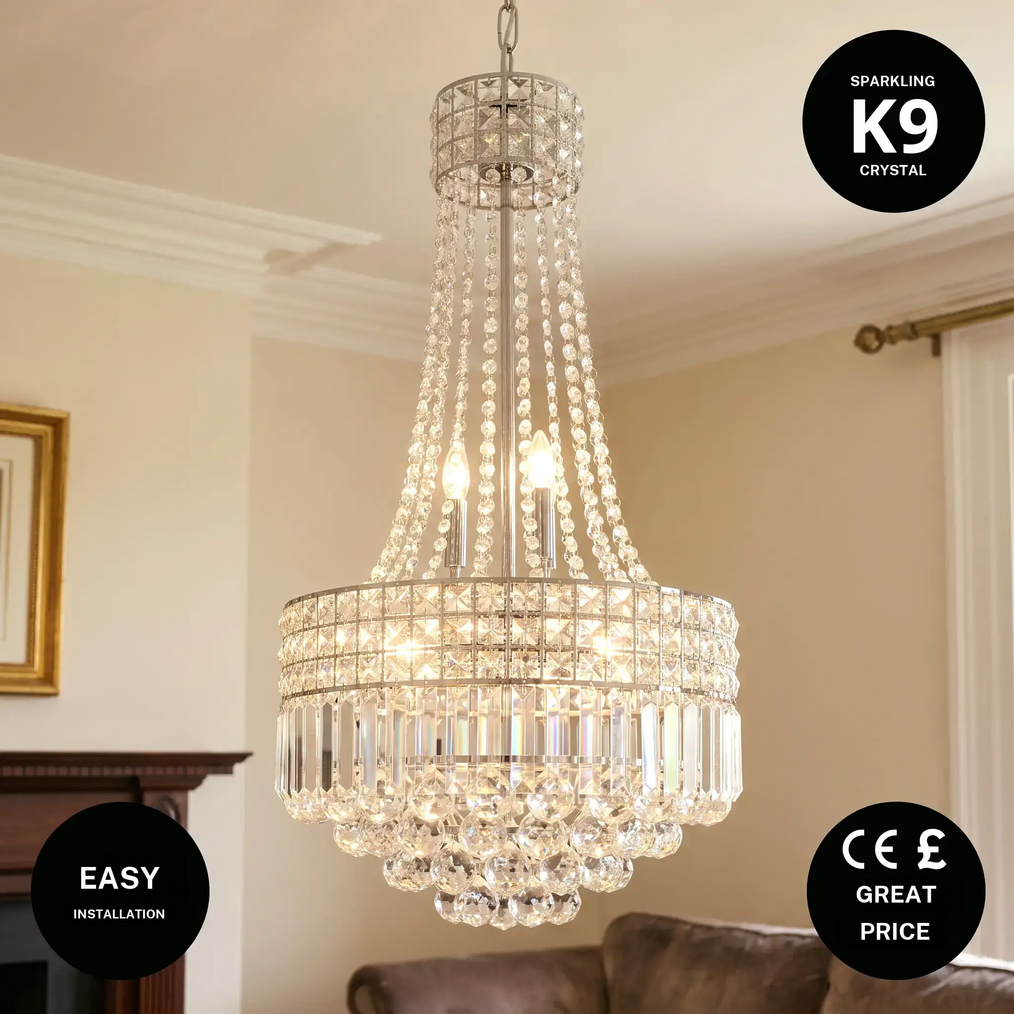 Modern Luxury K9 Crystal Chandelier,16 Inch Round Silver Chrome 6 Light Dimmable E12,Adjustable Height Easy Install Pendant Ceiling Light, Elegant Sparkling Hanging Lamp for Dining Room Living Room Kitchen Island Foyer Bedroom Hallway Staircase Home Decor