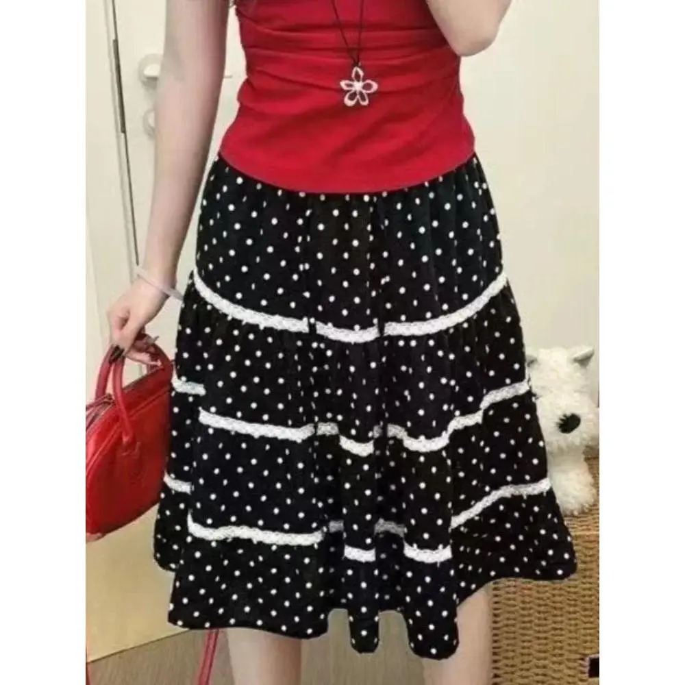 French Vintage Style Patchwork Midi Skirt Women Floral Lace Ruffle Cake Skirt Elastic Waist Loose Swing Skirt Spring Summer Wear