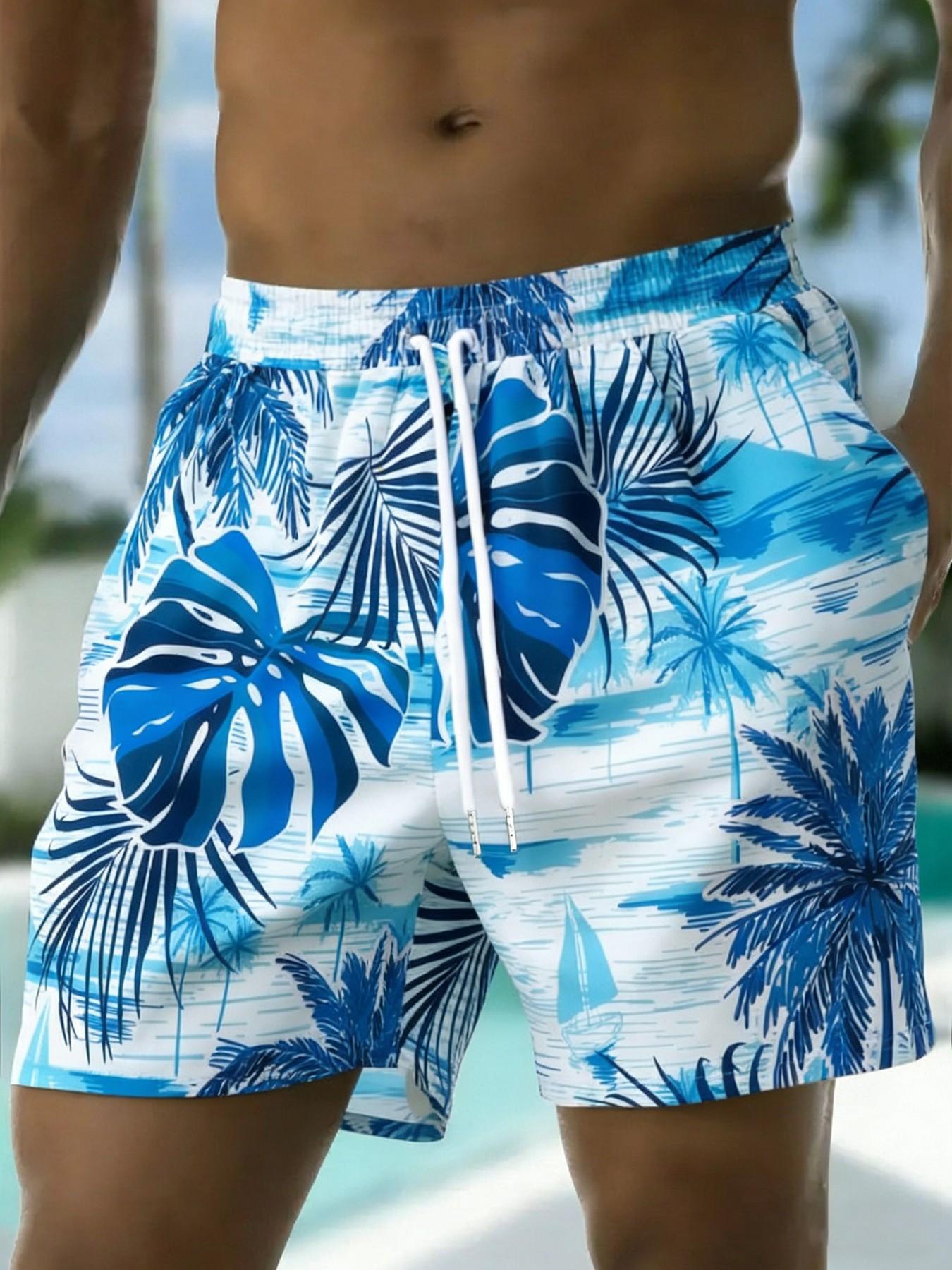 Men's Monkey & Flamingo Print Boxer Brief Swim Trunks, Regular Fit Casual Comfy Swim Shorts for Summer, Men's Swimwear for Beach Vacation