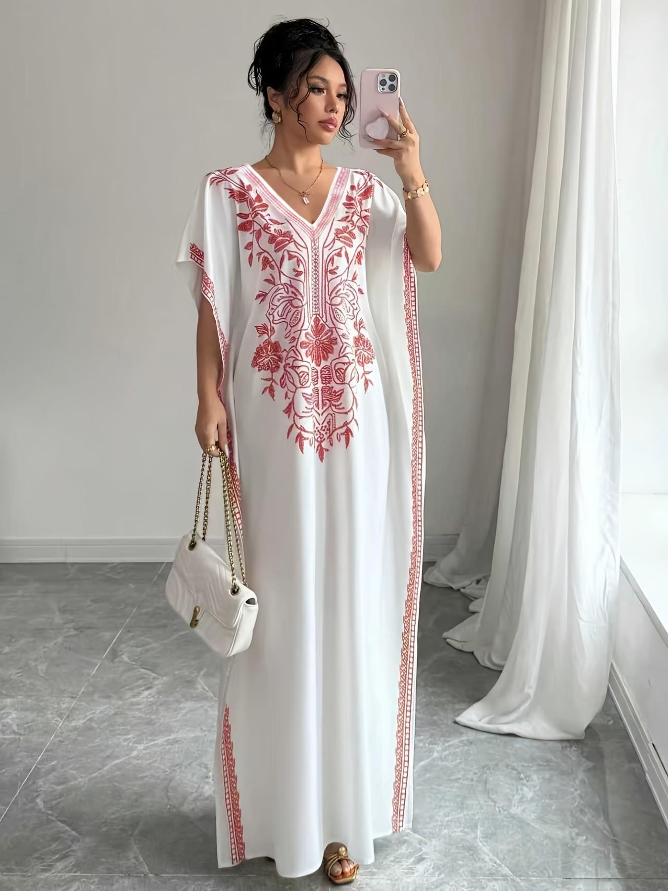 Women's Summer V-Neck Plant Floral Print Dress, Boho Style Three Quarter Sleeves, Long Loose-Fit Beach Sundress Vacation Dress, Casual Daily Wear Womenswear Fashion, Boho Printed Dress
