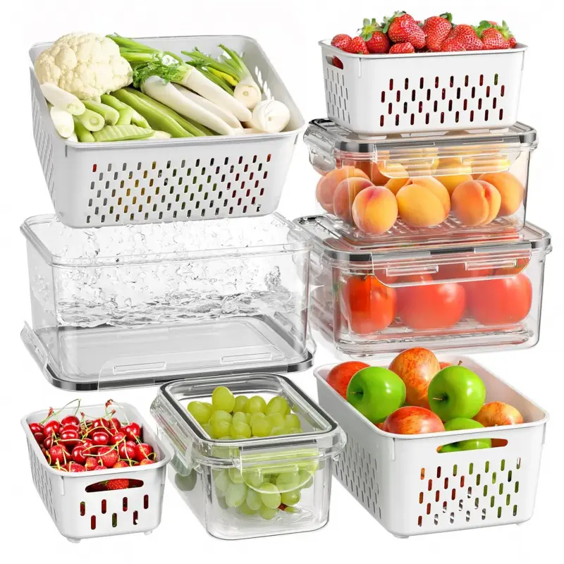 4 /8Pack Double Drainage Fruit Vegetable Storage Containers, Kitchen Organizer Bins, Durable Portable Household Food Storage Boxes, Keep Berries, Lettuce, Salad, Meat Fresh