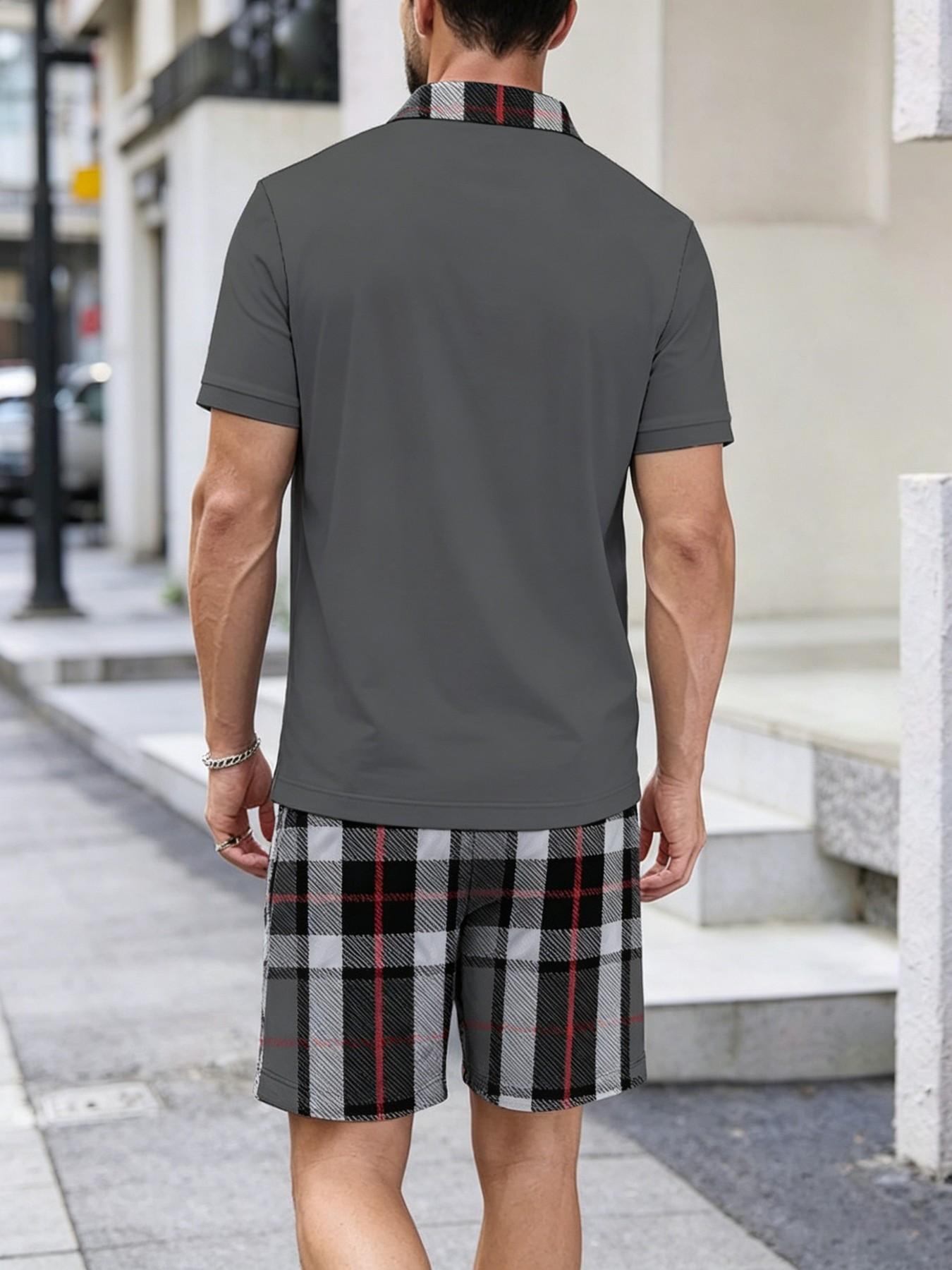 Summer Men's Menswear Plaid Checked Patchwork Set, Plaid Collar Polo Shirt + Plaid Shorts, Casual Two-Piece, Pocket, Drawstring Waist, Gift Idea