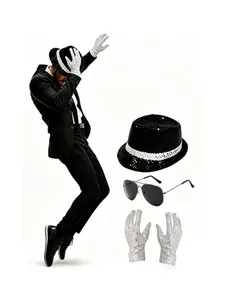 1pc Party Costume Set, Disco Stage Performance, Music Festivals, Glitter Hat, Glasses, Gloves, Earphone, Microphone, Tie, Music King, Festival Accessories