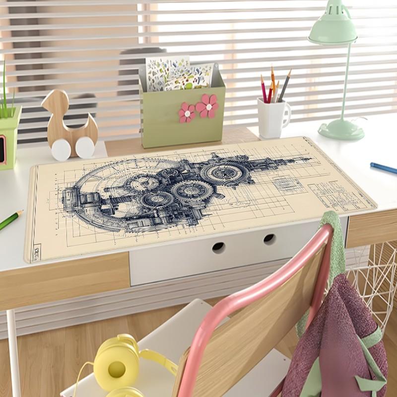 [Mouse Desk Pad] Non-Slip Mouse Pad Large Gaming Mouse Pad With Rubber Base & Stitched Edge Steampunk Gears Vintage Blueprint Design Desk Top Protector Mat For Home Office Use And Holiday Gifts