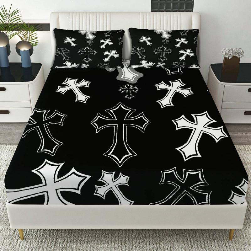 3Pcs Gothic Cross Black Fitted Sheet Three Piece Set (1*Fitted Sheet+2*Pillowcases, Coreless), Halloween theme, Cross Pattern Bedding Set, Mattress Protector Soft, Breathable