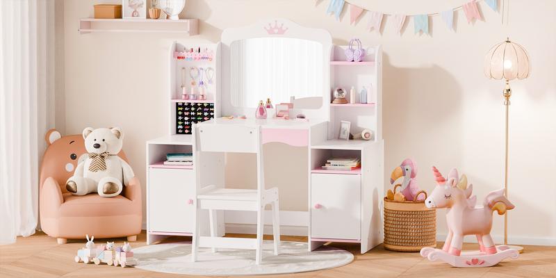 Topwin Blush Pink Dream Vanity Set/ Mirror & Free Throne Chair - 42-Slot Organizer Makeup Dressing Desk