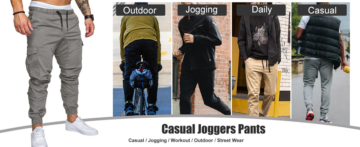 TUREFACE Men's Flex Stretch Cotton Cargo Pants Slim Fit Beige Multi-pocket Lightweight Comfortable Long Pants with Elastic Drawstring Waistband