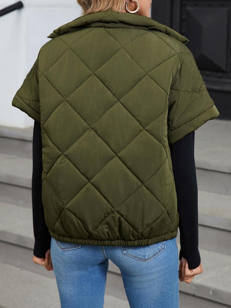 Women's Solid Color Quilted Zip Up Vest Jacket, Casual Pocket Stand Collar Outerwear for Fall & Winter, Ladies Clothes for Daily Wear