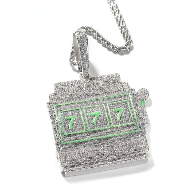 [ICE HUE] 18K Gold Vacuum Plated Copper Pendant with 5A+ Sri Lanka Zircon, Large Green 777 Luminous Design, Iced Out Chains Necklace - Miami, Italy, Mexico & Micro Inspired, Hip-Hop Chic Luxury Jewelry for Women, Daily Wear Gift Idea