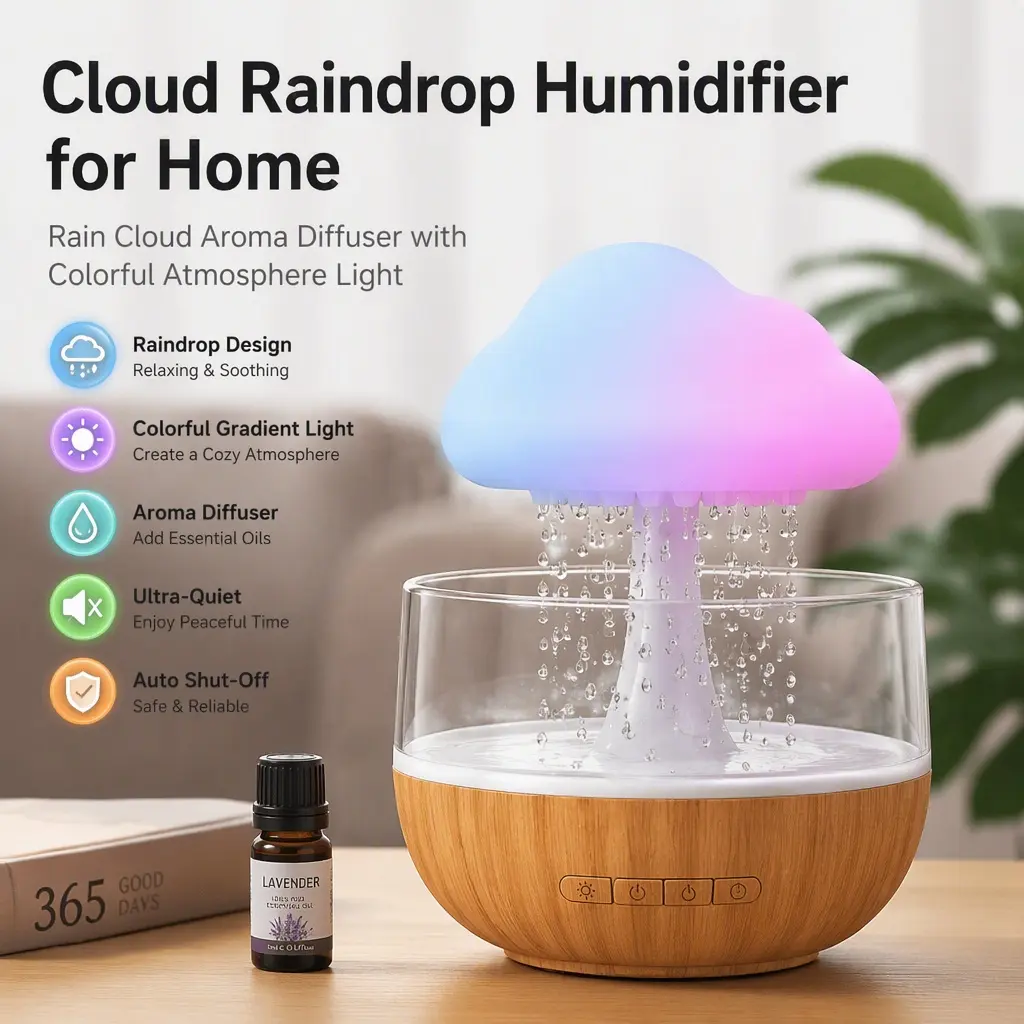 Cloud Raindrop Humidifier for Home, Rain Cloud Gradient Atmosphere Colorful Light, Rain Shower Mushroom Lamp, Essential Oil Aroma Diffuser