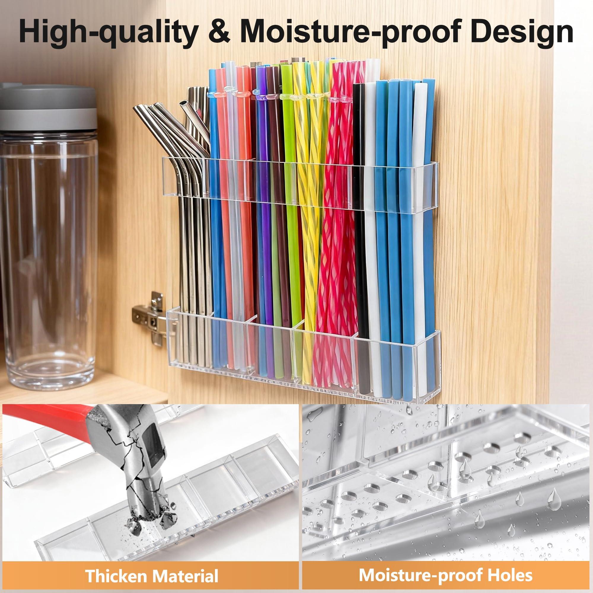 9.5 Inch Acrylic Straw Holder for Cabinet Doors, Reusable Adjustable Two-Piece Straw Organizer, Strong Adhesive Strip, Transparent Kitchen Storage