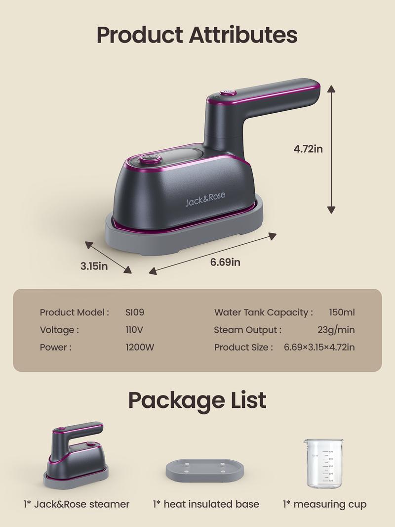 Jack&Rose Newest 2-in-1 Steam Iron & Clothes Steamer - Handheld Portable Garment Wrinkle Remover, Fast Heat-Up, Large Soleplate, 150ml Water Tank - Lightweight for Home, Travel, and Office Use