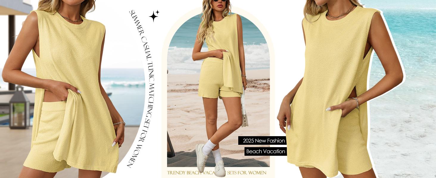 Yimoon Women Summer Sleeveless Sweater Sets Knit 2 Piece Outfits Tunic Tank Top Matching Shorts Vacation Beach Sets Yimoon Women Summer Sleeveless Sweater Sets Knit 2 Piece Outfits Tunic Tank Top Matching Shorts Vacation Beach Sets