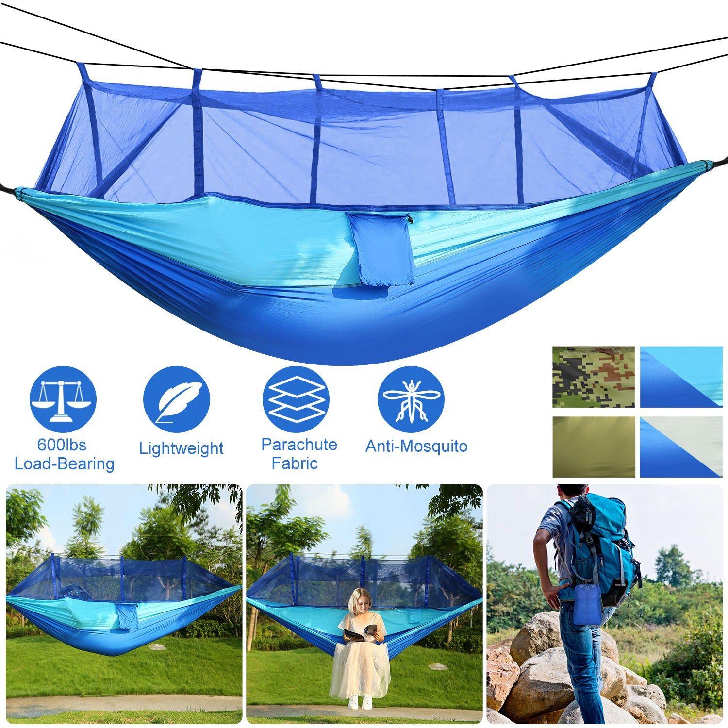 2-Person Hammock with Mosquito Net - 600lbs Load Nylon Hanging Suspension Swing, Folding Portable Outdoor Hammock for Camping, Hiking - Includes Carabiners, Straps, Carry Bag, 2-Person Hammock Hammocks, Folding Portable Hammocks