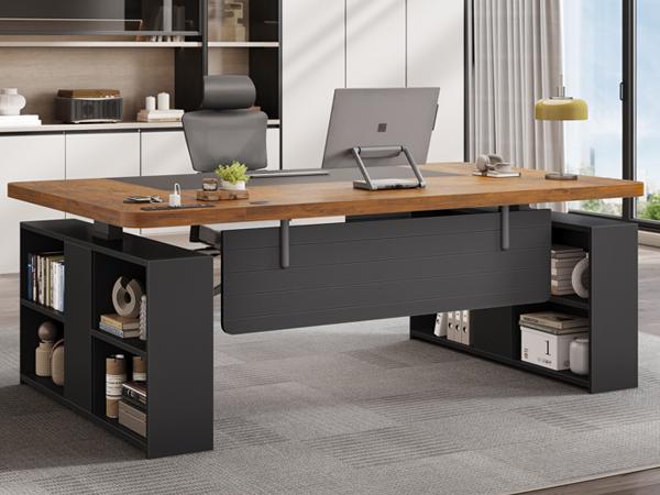 SEDETA 63 Inch Executive Standing Desk Electric Height Adjustable Computer Office Desk with Storage Shelves Power Outlets Privacy Panel